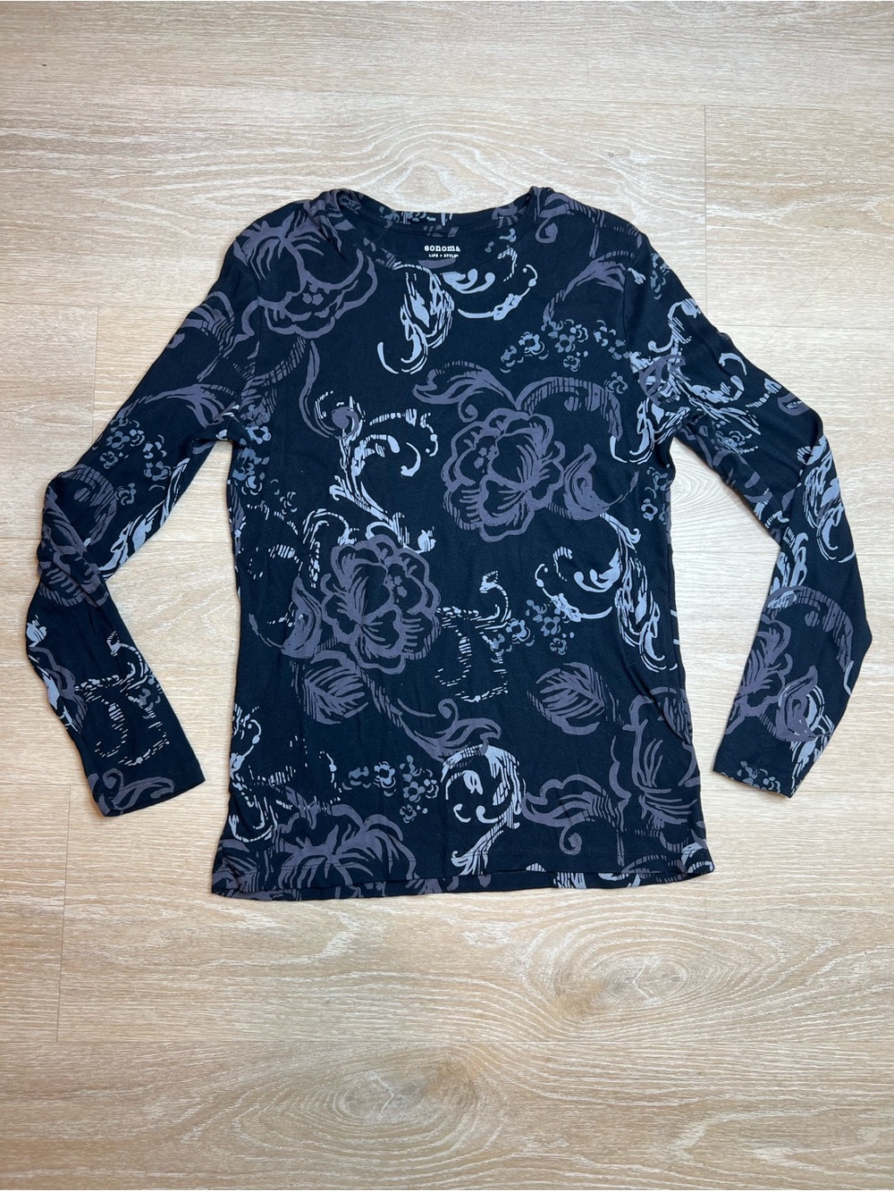 Sonoma Life + Style, Black Patterned Long Sleeve Top, 100% Cotton Women’s Medium